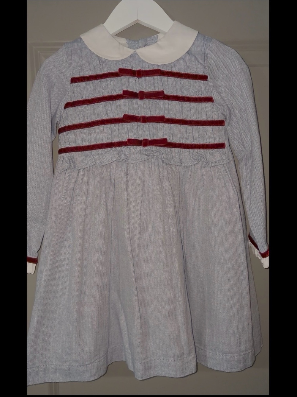 Coquette Classic Peter Pan Collar Kids Dress in Light Blue with Red Trim